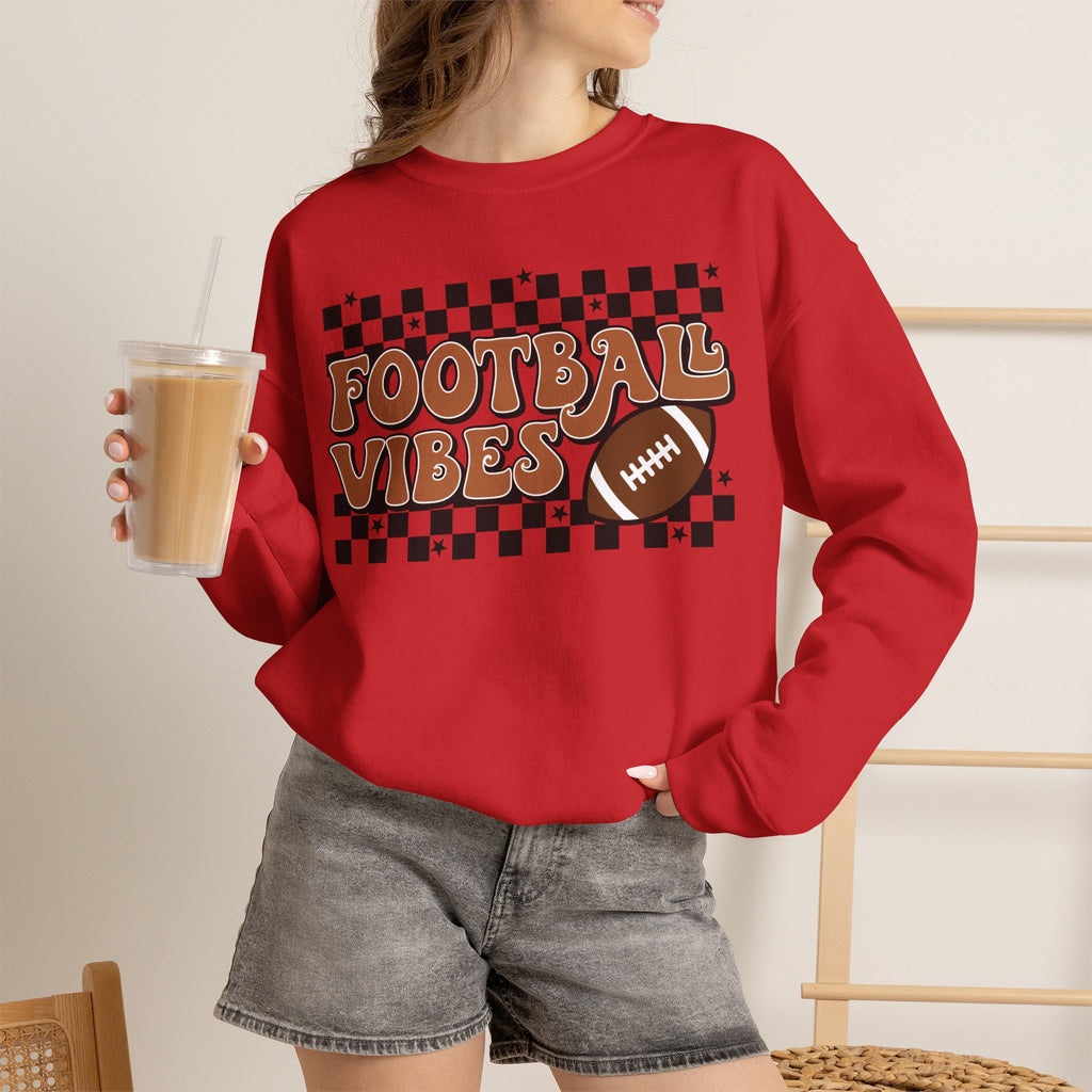 Football Vibes Crewneck Sweatshirt — Retro Checkerboard Football Graphic