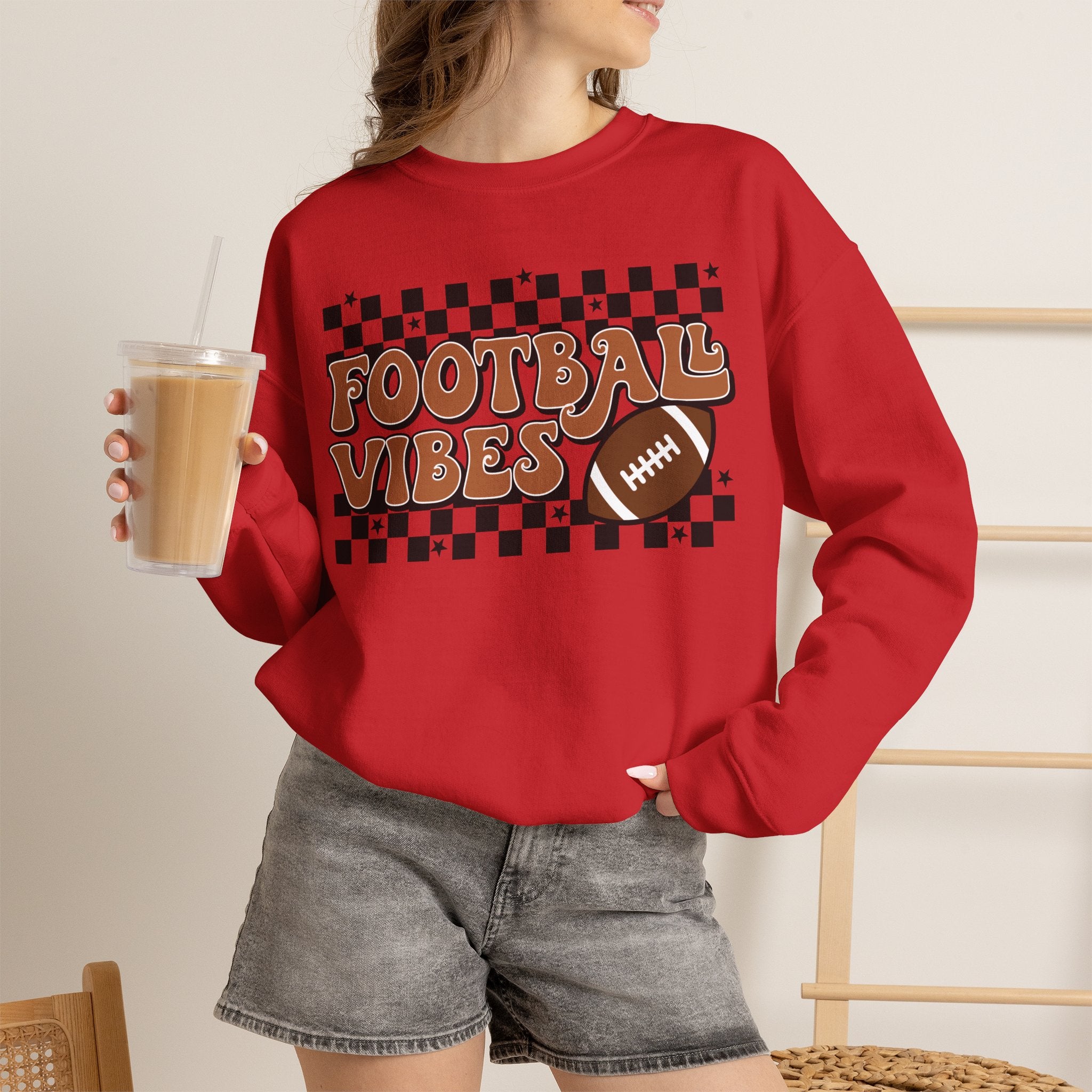 Football Vibes Crewneck Sweatshirt — Retro Checkerboard Football Graphic