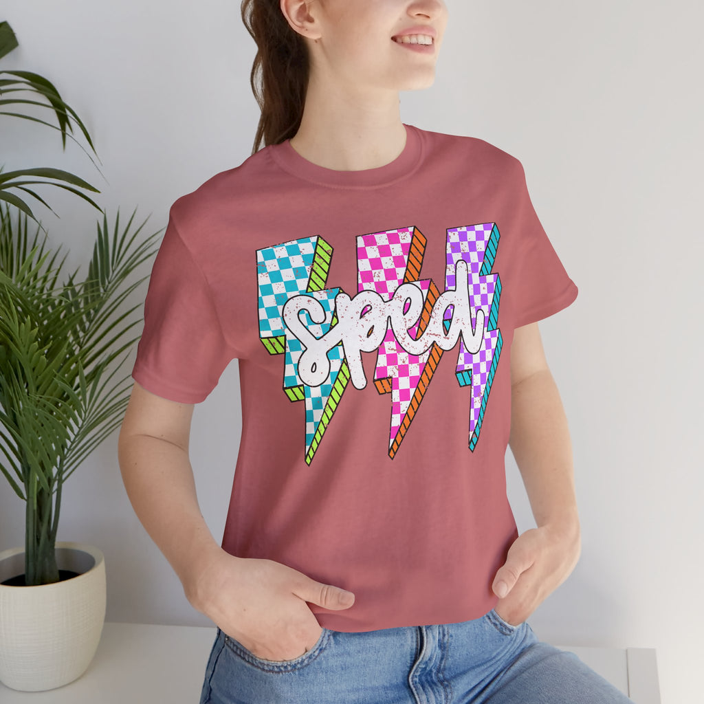 Speed Lightning Tee — Retro Checkerboard Bolt Graphic T-Shirt