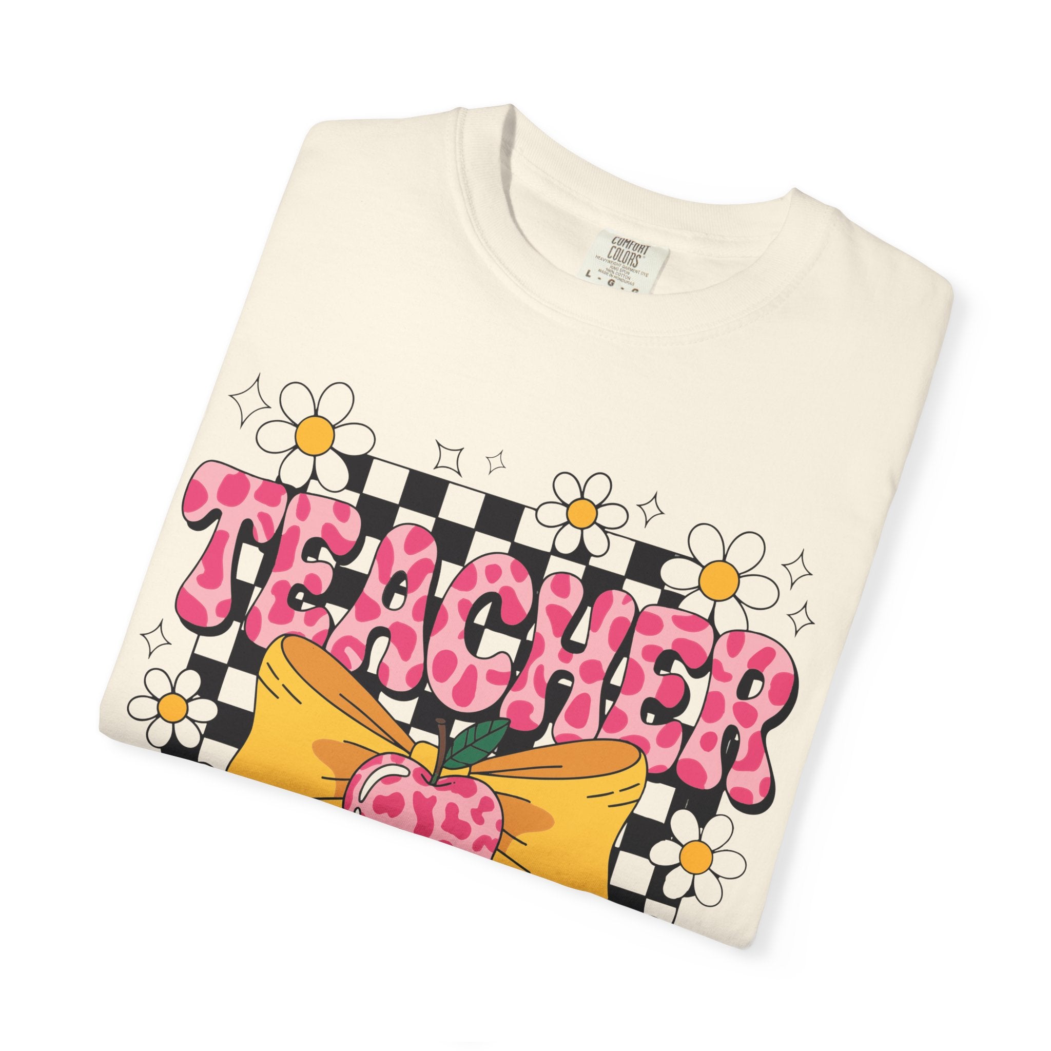 Teacher Floral Bow T‑Shirt — Cute Checkerboard & Heart Design for Educators