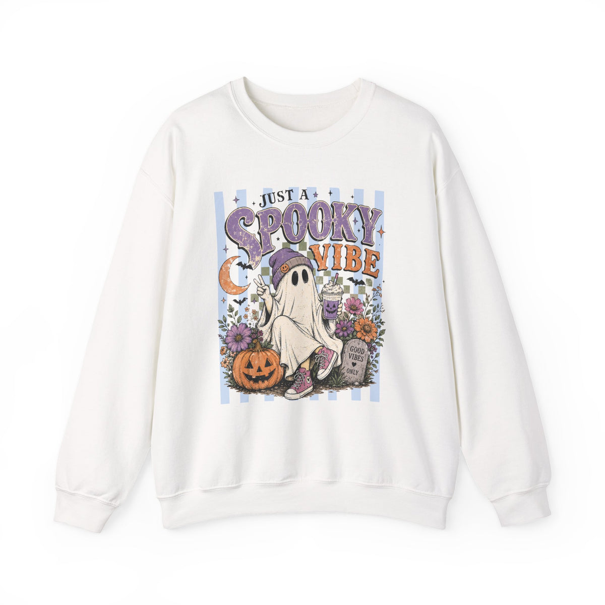 Spooky Vibe Crewneck Sweatshirt — Cute Halloween Ghost Pumpkin Graphic