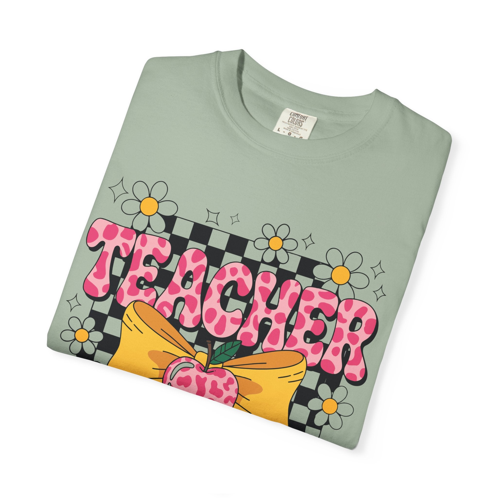 Teacher Floral Bow T‑Shirt — Cute Checkerboard & Heart Design for Educators