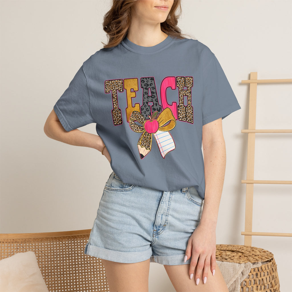 Teacher Graphic Tee — 'TEACH' Leopard Print Pencil Bow Design