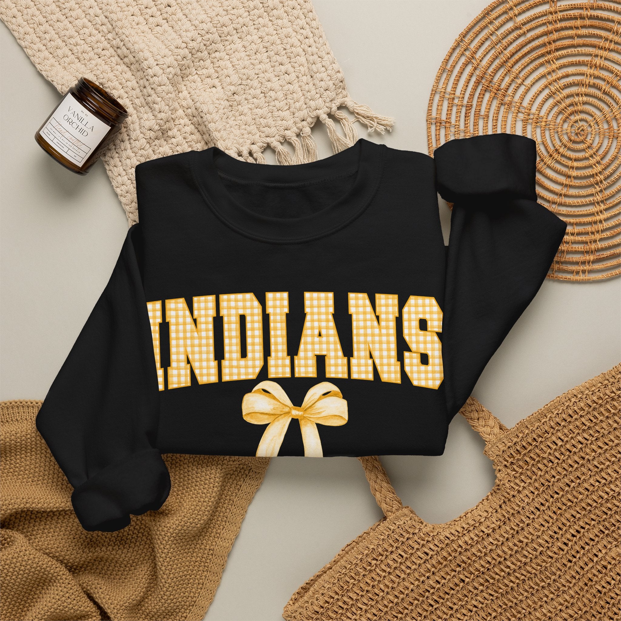 Indians Yellow Gingham Bow Crewneck Sweatshirt