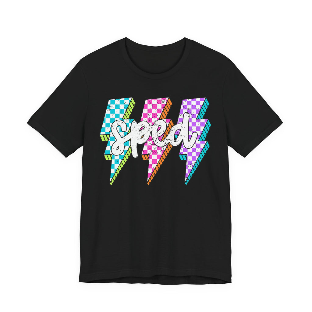 Speed Lightning Tee — Retro Checkerboard Bolt Graphic T-Shirt