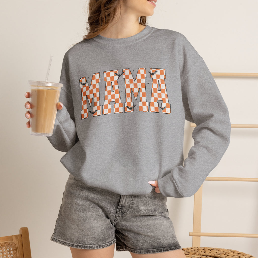 Mama Checkerboard Halloween Sweatshirt – Retro Orange Plaid Mama Pullover