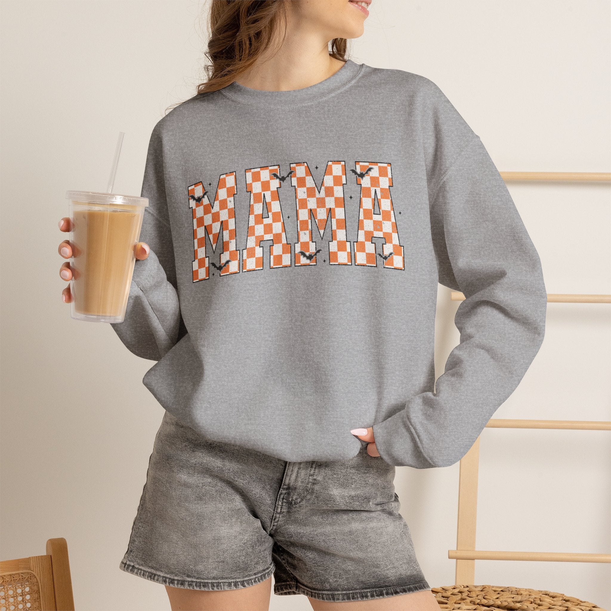 Mama Checkerboard Halloween Sweatshirt – Retro Orange Plaid Mama Pullover