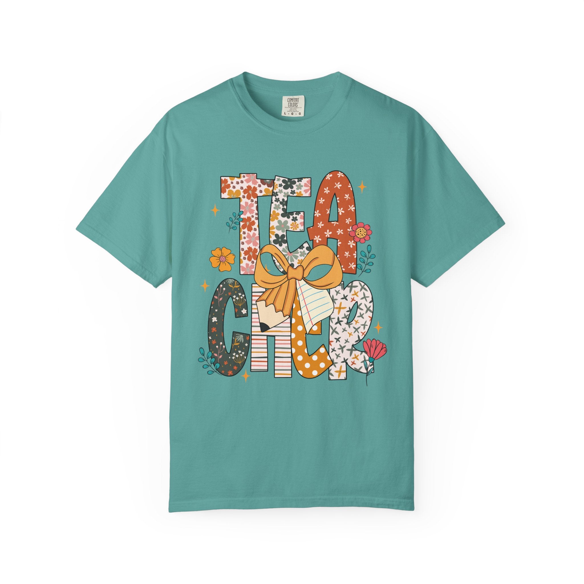 Teacher Graphic T-Shirt — Floral "Teacher" Design with Ribbon