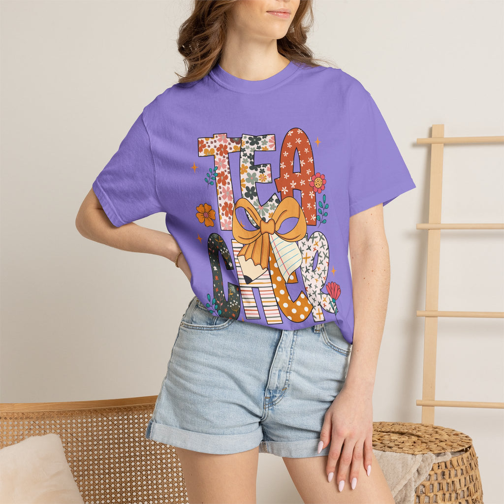 Teacher Graphic T-Shirt — Floral "Teacher" Design with Ribbon