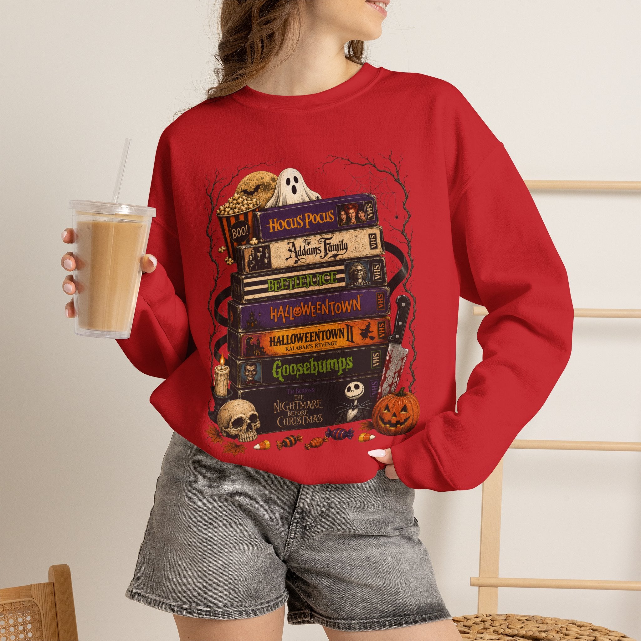 Halloween Book Stack Crewneck Sweatshirt — Spooky Classics Stack with Pumpkin & Skulls