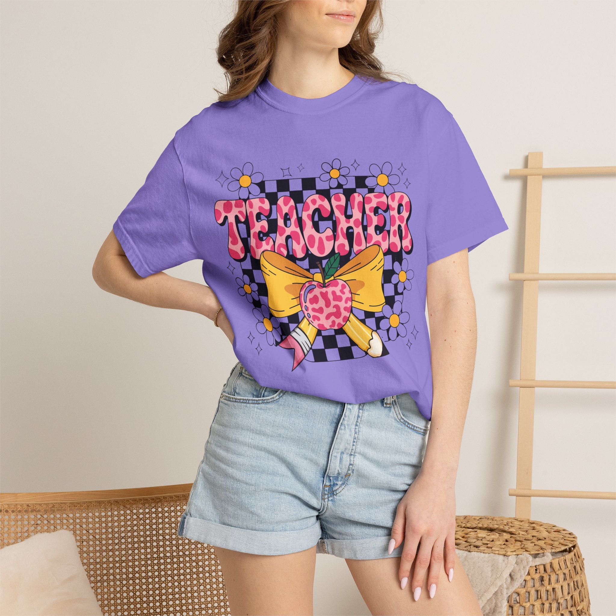Teacher Floral Bow T‑Shirt — Cute Checkerboard & Heart Design for Educators