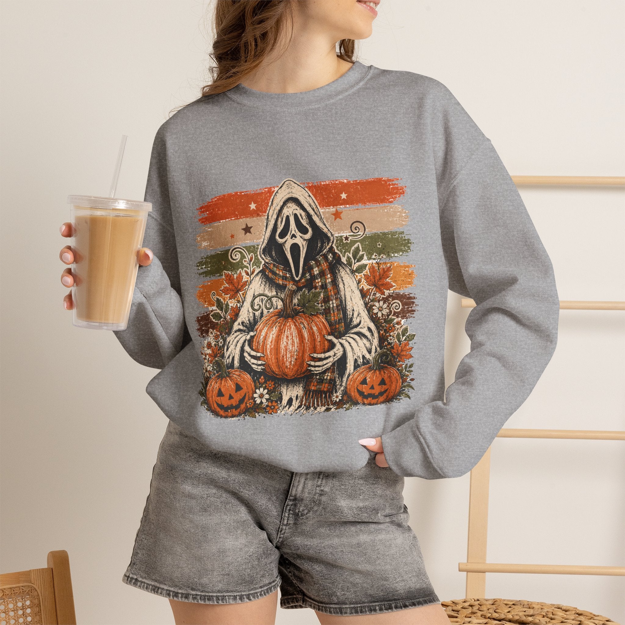 Halloween Scream Crewneck Sweatshirt — Ghost Face Pumpkin Design