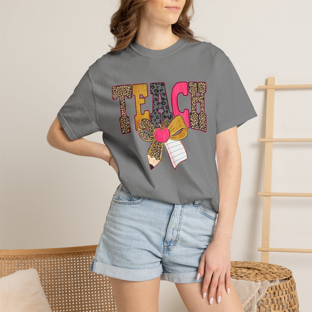 Teacher Graphic Tee — 'TEACH' Leopard Print Pencil Bow Design
