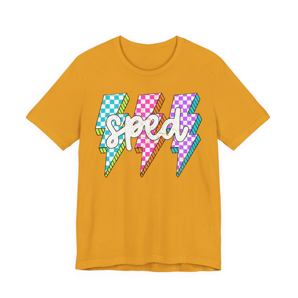 Speed Lightning Tee — Retro Checkerboard Bolt Graphic T-Shirt