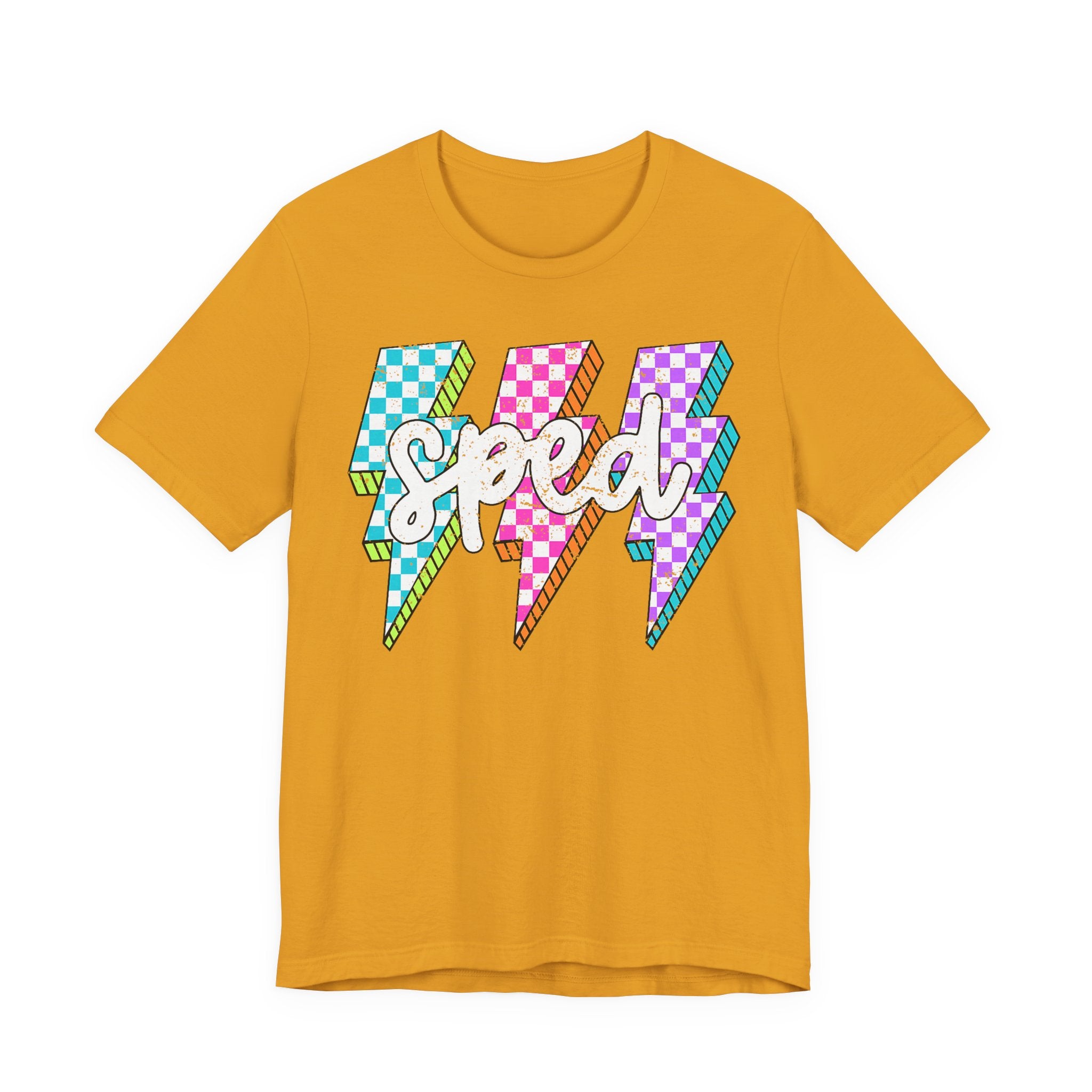 Speed Lightning Tee — Retro Checkerboard Bolt Graphic T-Shirt