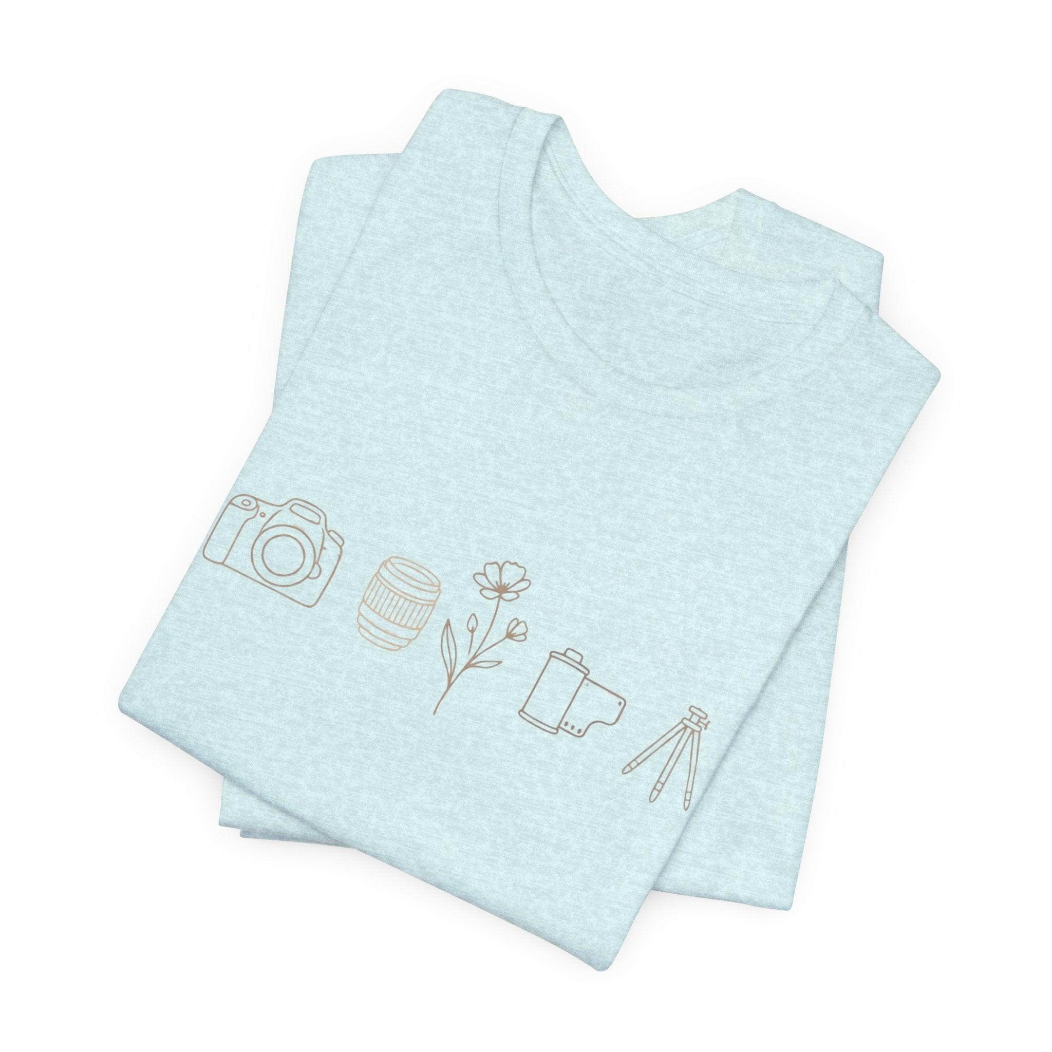 Photography Icons Tee — Minimal Camera, Film, Flower & Tripod Graphic Shirt