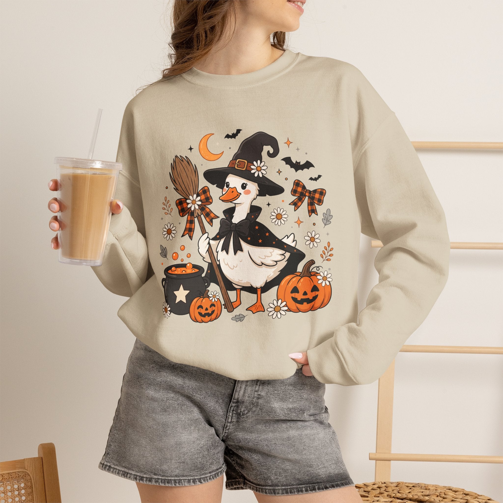 Halloween Duck Witch Crewneck Sweatshirt — Cute Pumpkin & Cauldron Graphic