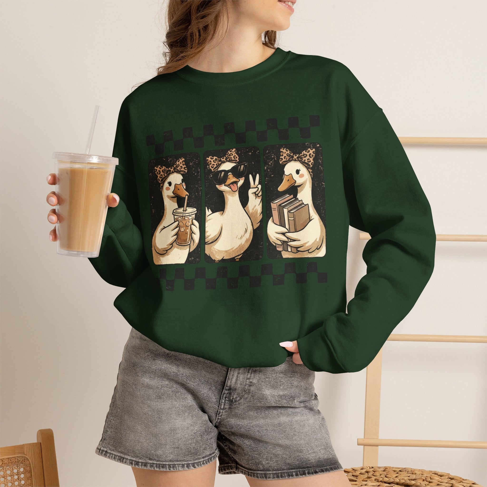 Duck Trio Crewneck Sweatshirt — Vintage Checkered Retro Goose Illustration