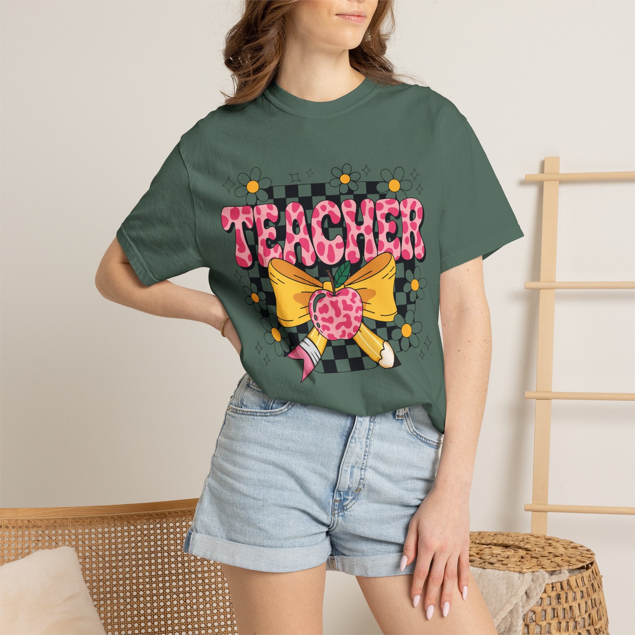 Teacher Floral Bow T‑Shirt — Cute Checkerboard & Heart Design for Educators