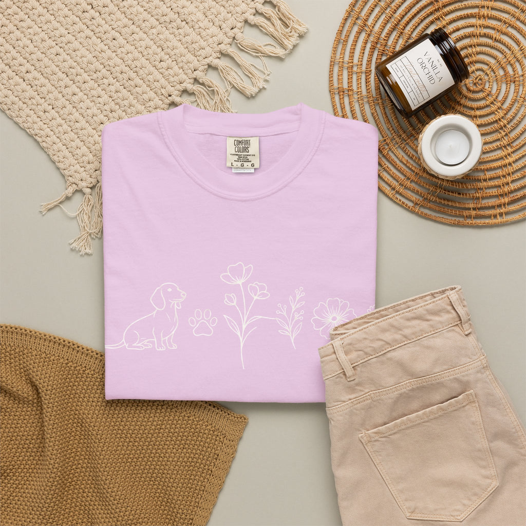 Floral Dachschund Line Art T-Shirt — Minimal Dog & Wildflower Tee
