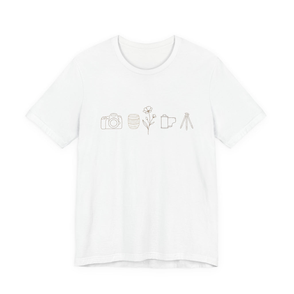 Photography Icons Tee — Minimal Camera, Film, Flower & Tripod Graphic Shirt