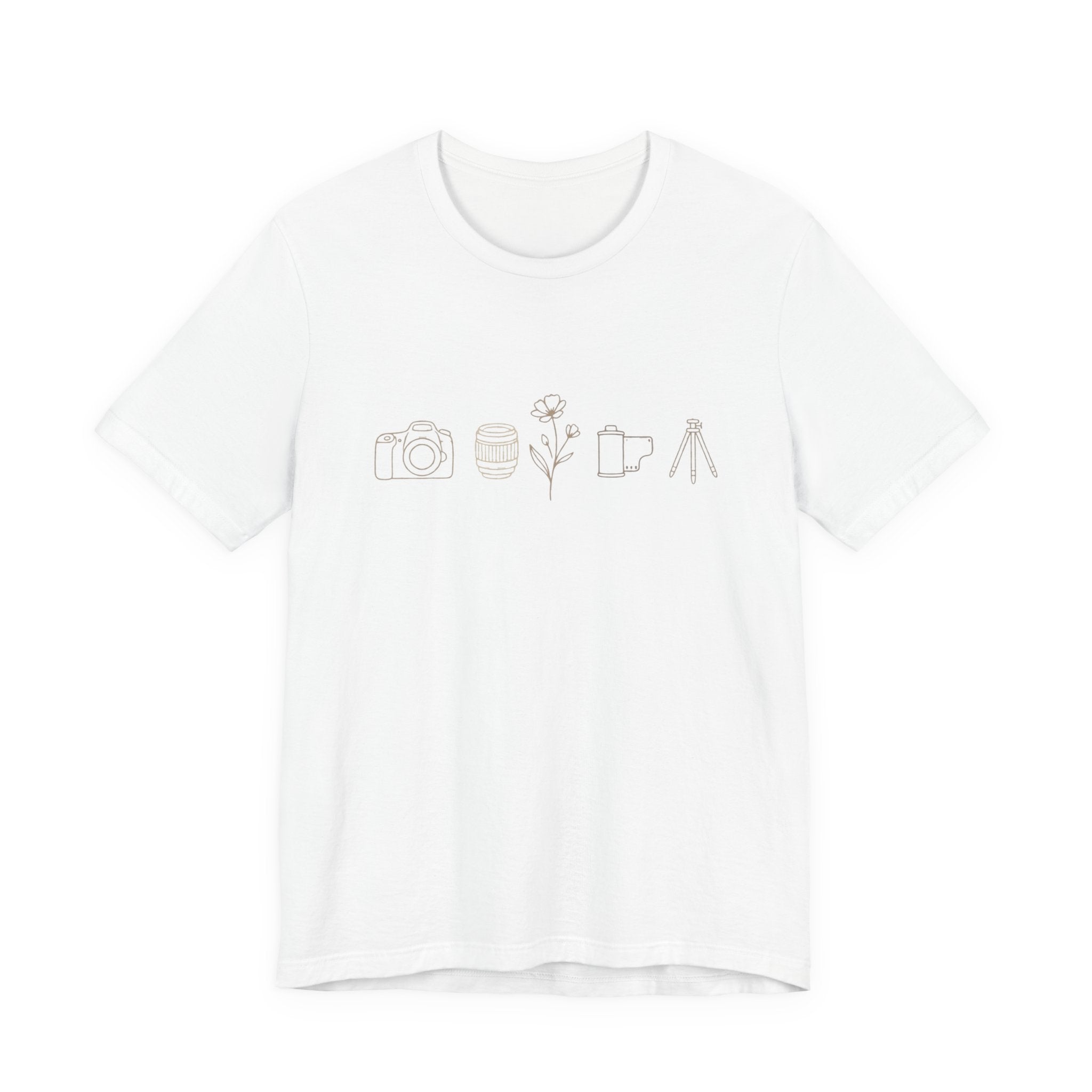 Photography Icons Tee — Minimal Camera, Film, Flower & Tripod Graphic Shirt