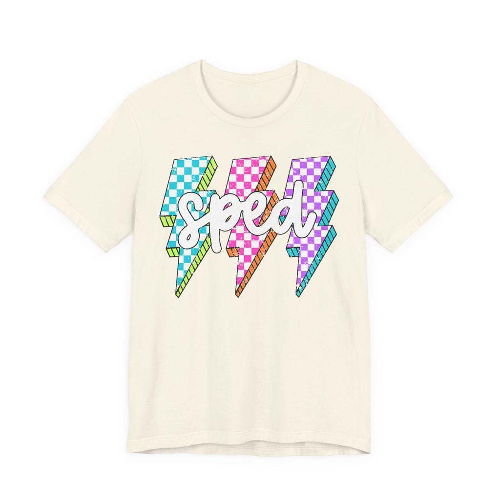 Speed Lightning Tee — Retro Checkerboard Bolt Graphic T-Shirt