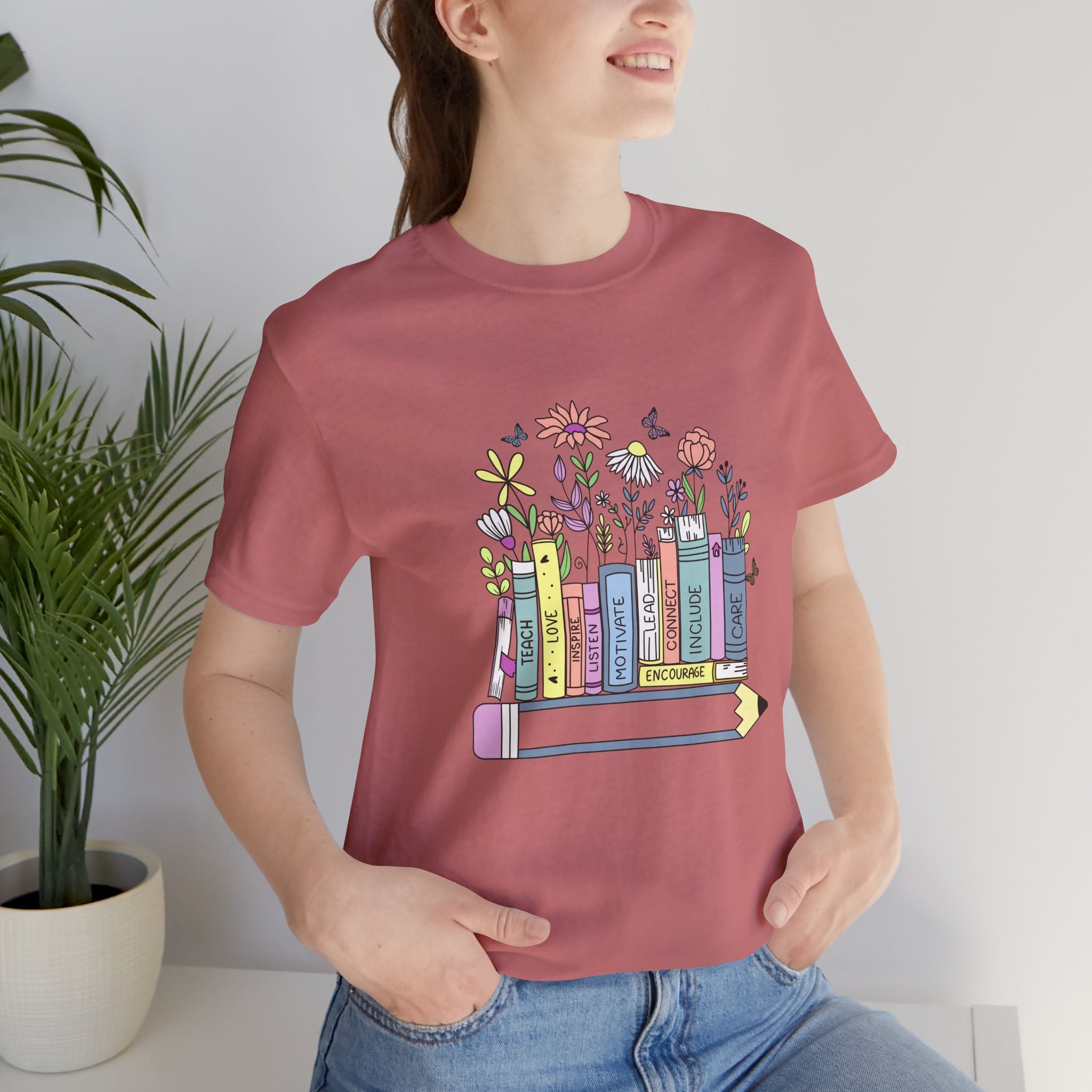Book Lover T‑Shirt — Teacher Floral Books & Pencil Illustration Tee