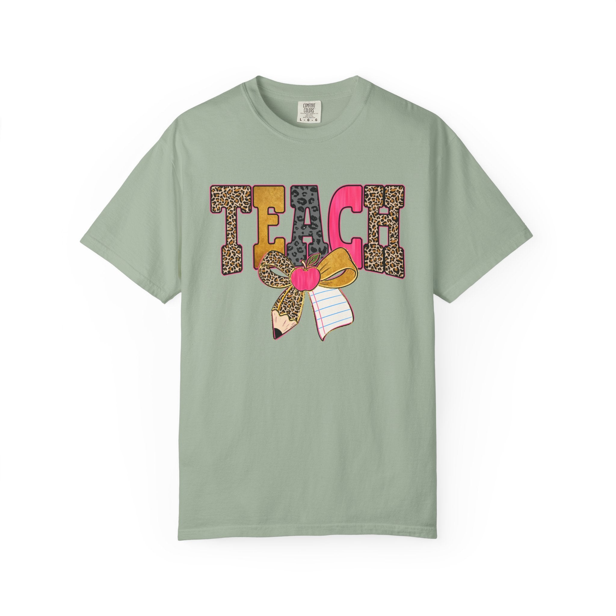 Teacher Graphic Tee — 'TEACH' Leopard Print Pencil Bow Design