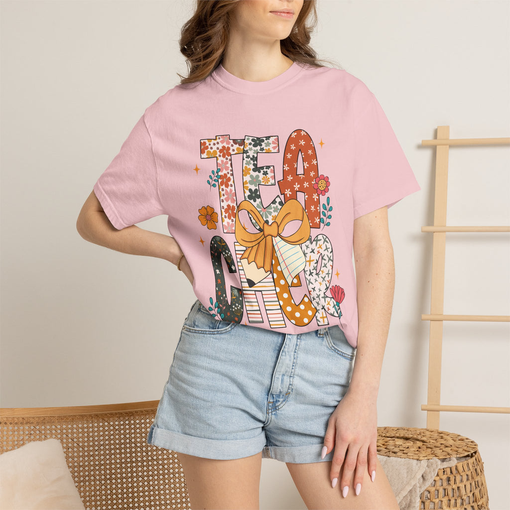 Teacher Graphic T-Shirt — Floral "Teacher" Design with Ribbon