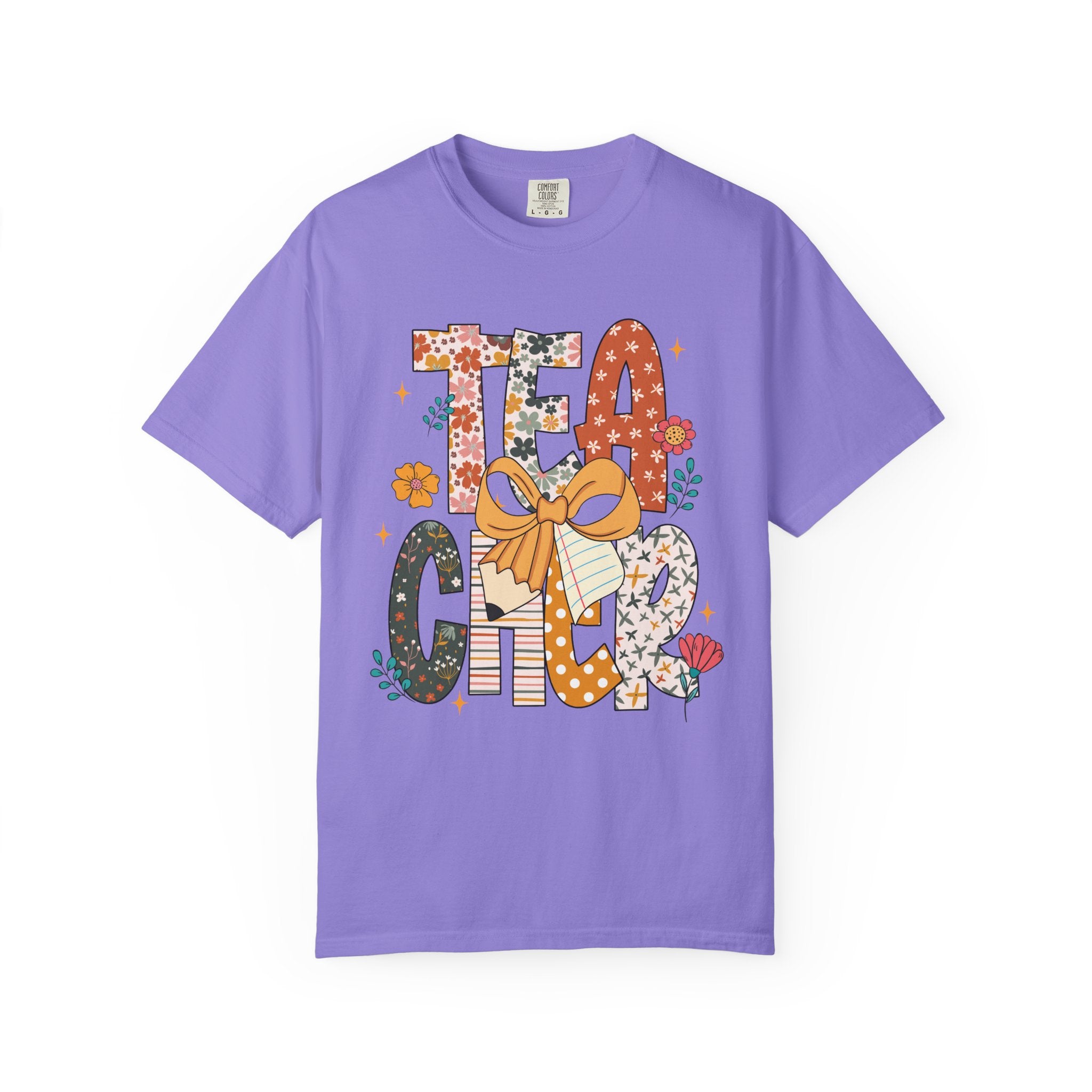 Teacher Graphic T-Shirt — Floral "Teacher" Design with Ribbon