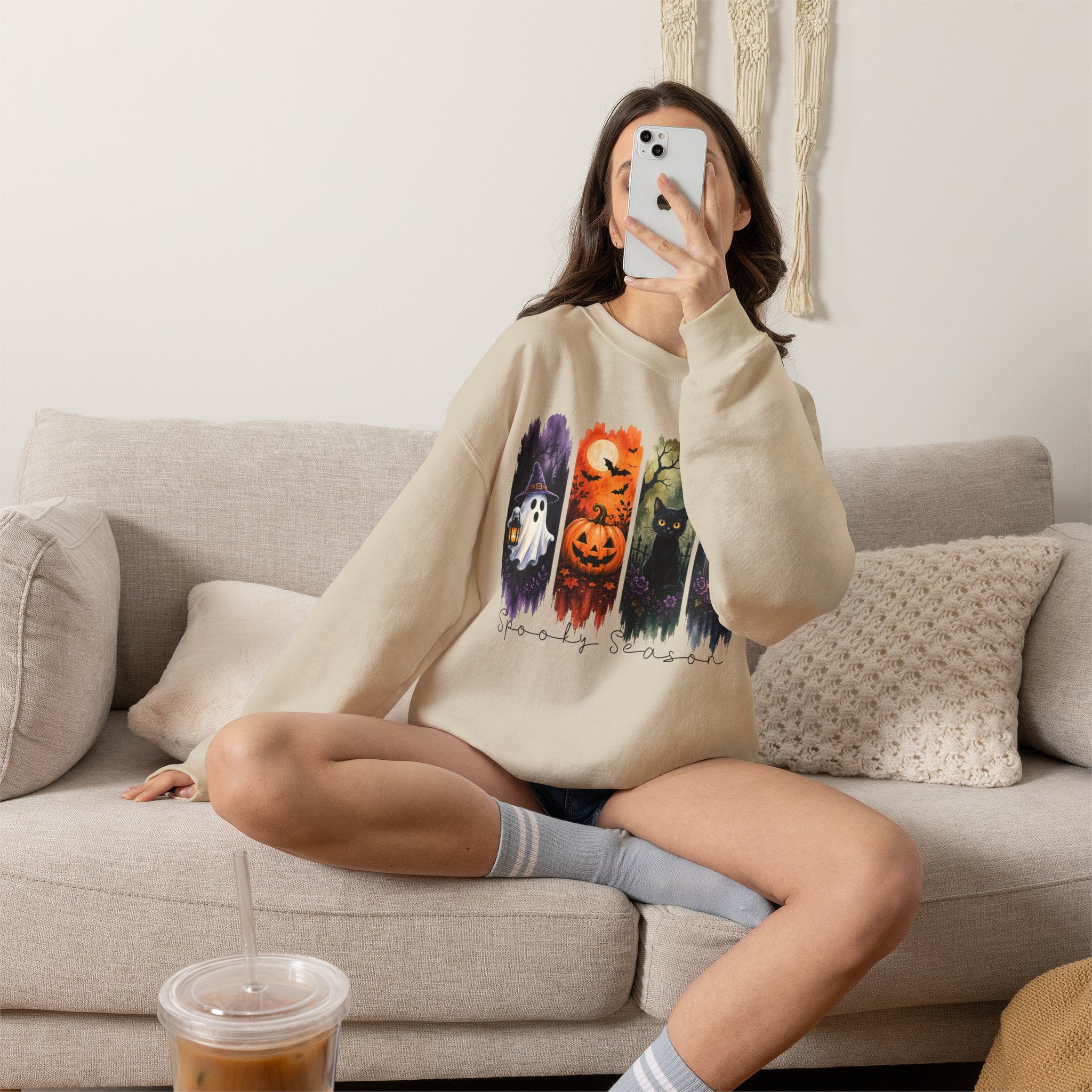 Halloween Seasons Crewneck Sweatshirt — Spooky Ghost, Jack-o'-Lantern & Haunted Night Design