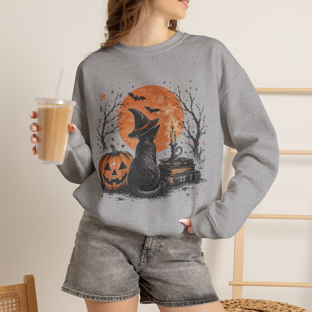 Crewneck Sweatshirt — Halloween Cat Witch Moon Graphic