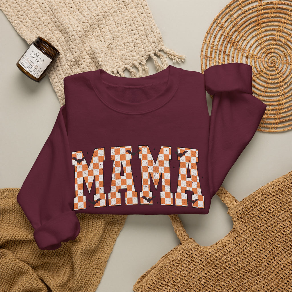 Mama Checkerboard Halloween Sweatshirt – Retro Orange Plaid Mama Pullover