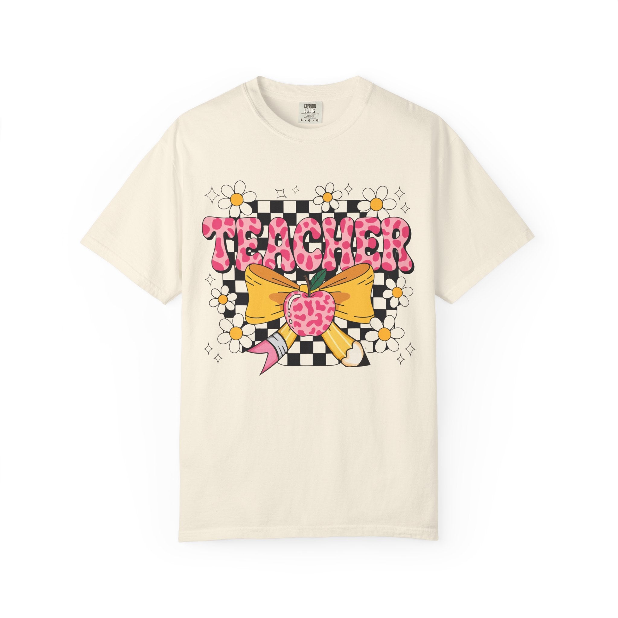 Teacher Floral Bow T‑Shirt — Cute Checkerboard & Heart Design for Educators