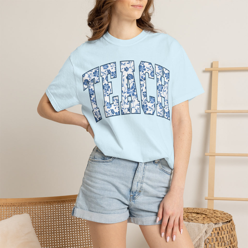 Teacher Floral Arch T-Shirt — 'TEACH' Blue Floral Print Tee
