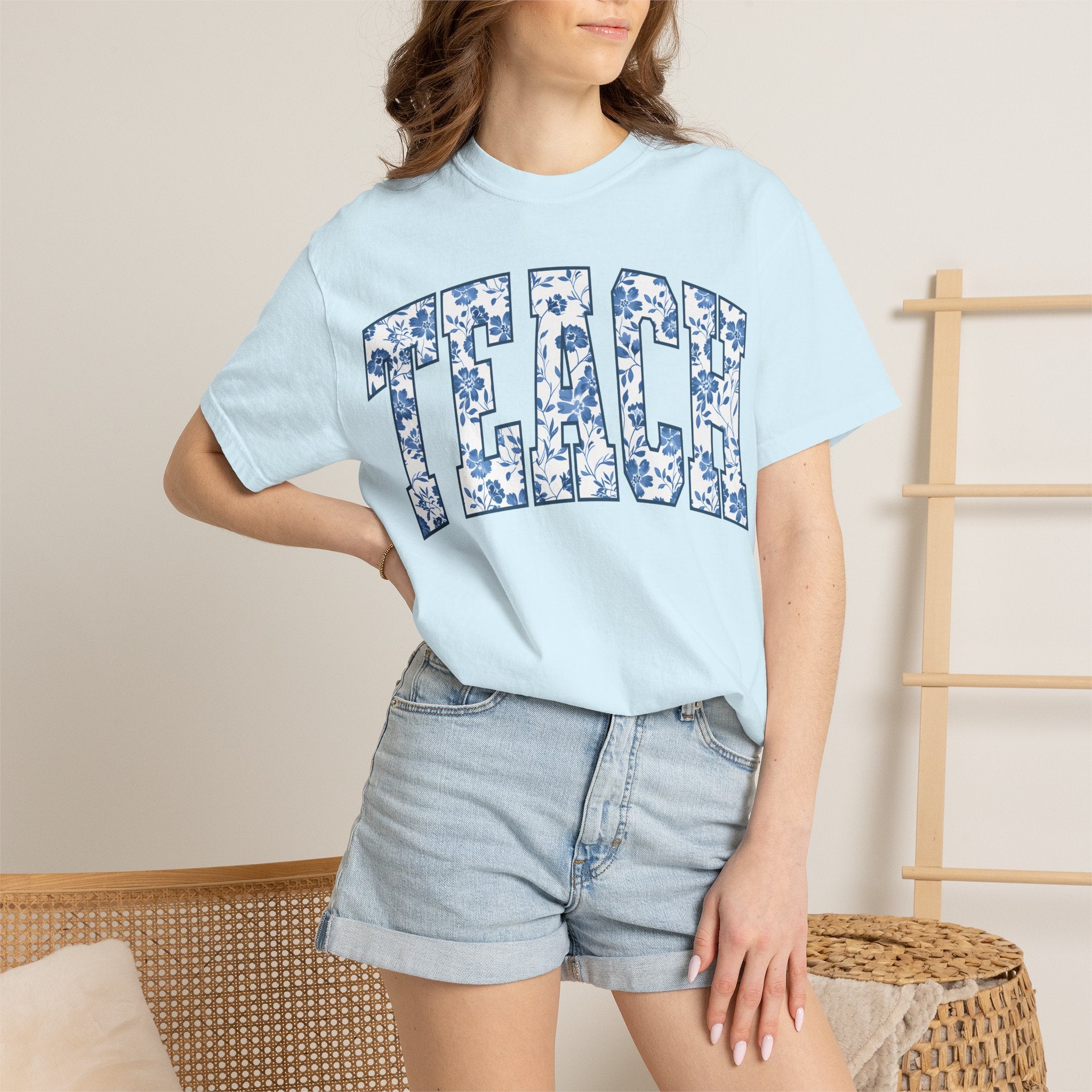 Teacher Floral Arch T-Shirt — 'TEACH' Blue Floral Print Tee