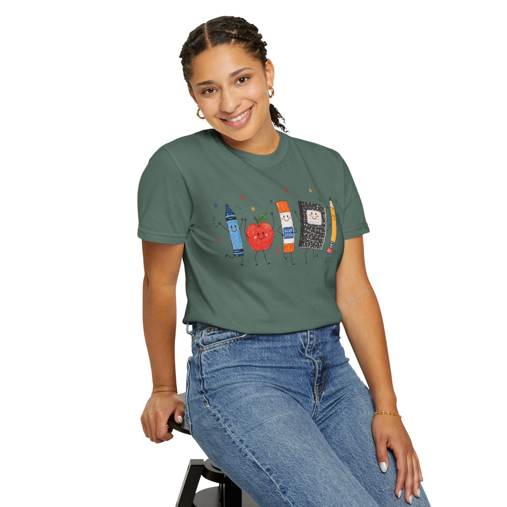 Cute School Supplies Teacher T-Shirt — Happy Apple, Crayon & Pencil Graphic Tee