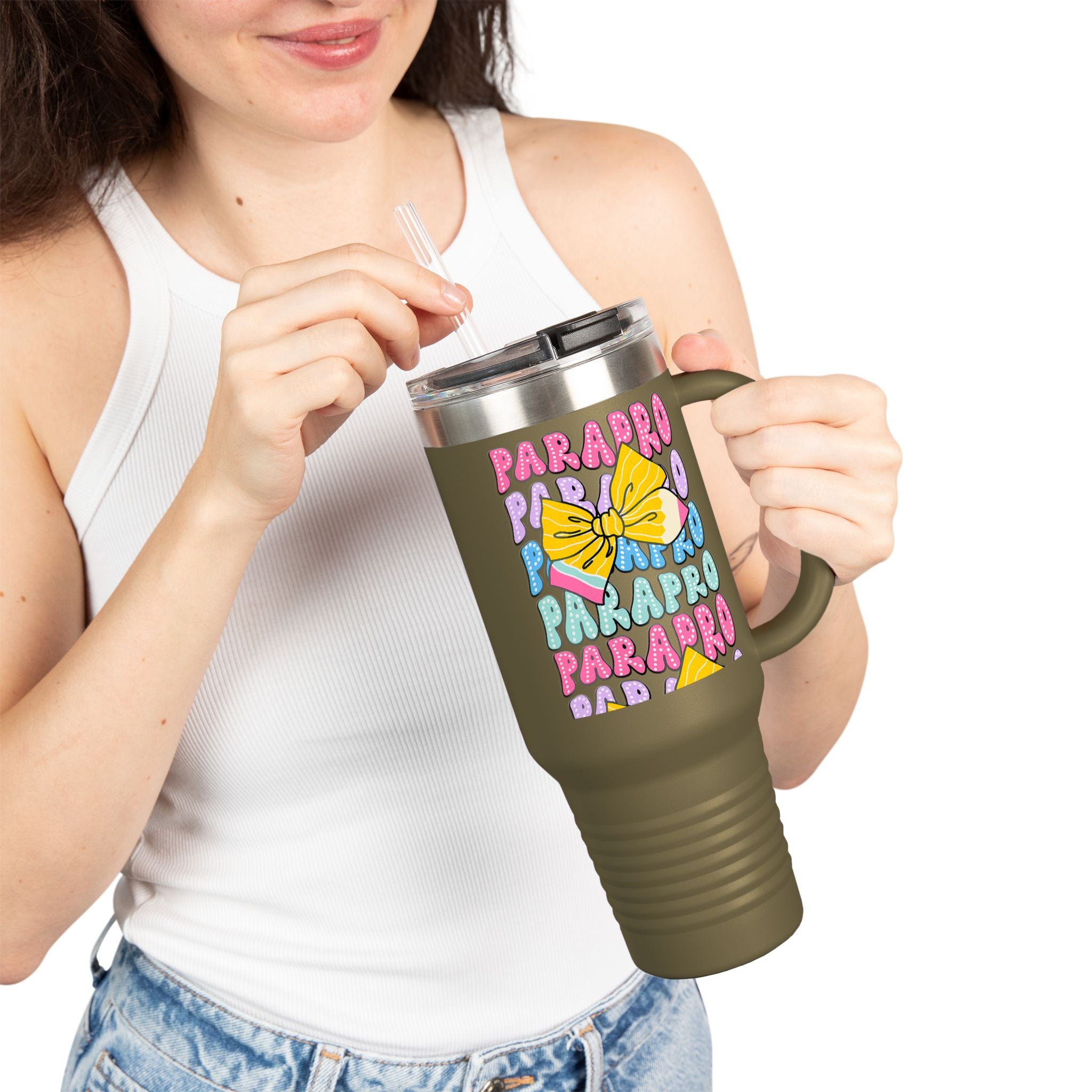 40oz Insulated Travel Mug — Colorful 'PARA' Pattern with Bow Design