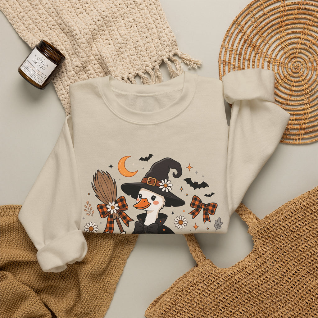 Halloween Duck Witch Crewneck Sweatshirt — Cute Pumpkin & Cauldron Graphic