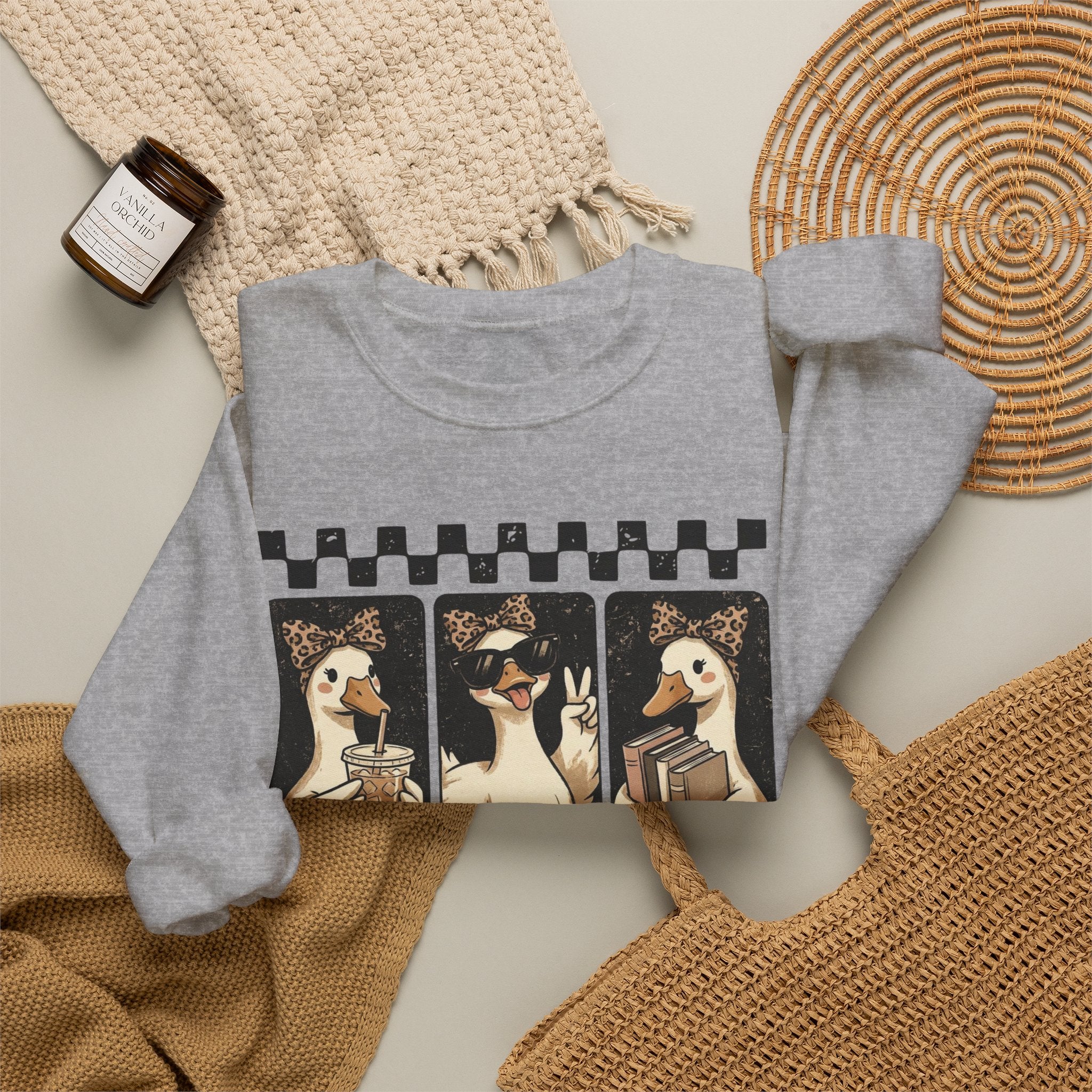 Duck Trio Crewneck Sweatshirt — Vintage Checkered Retro Goose Illustration