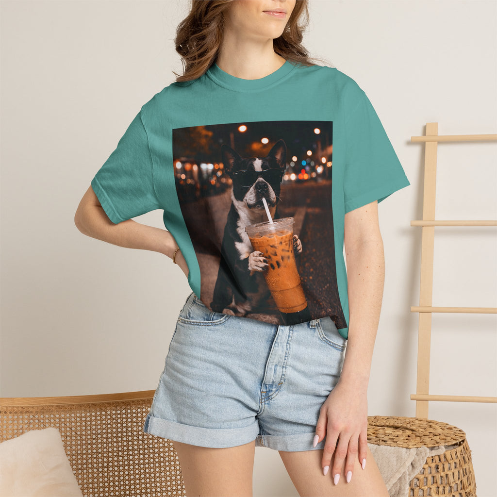 Boston Terrier Sipping Iced Coffee T-Shirt — Cute Dog Photo Tee