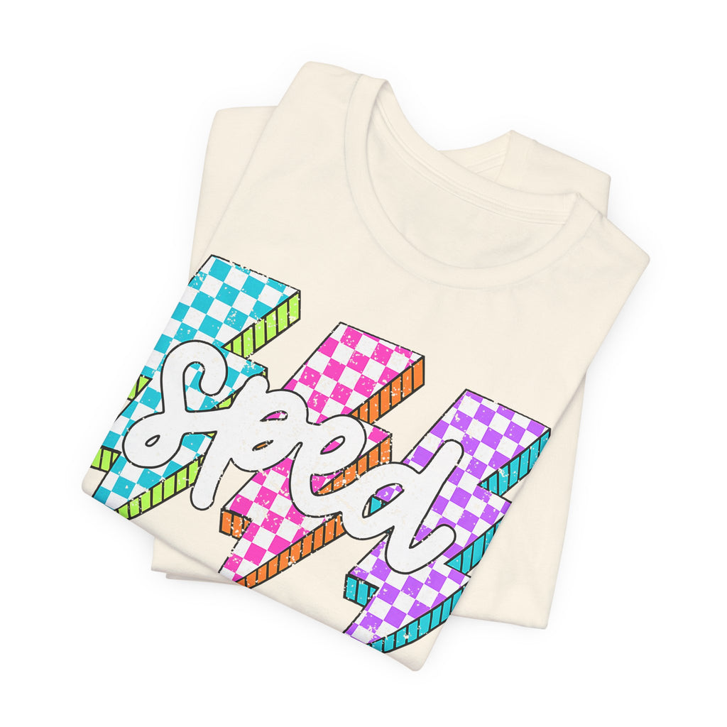 Speed Lightning Tee — Retro Checkerboard Bolt Graphic T-Shirt