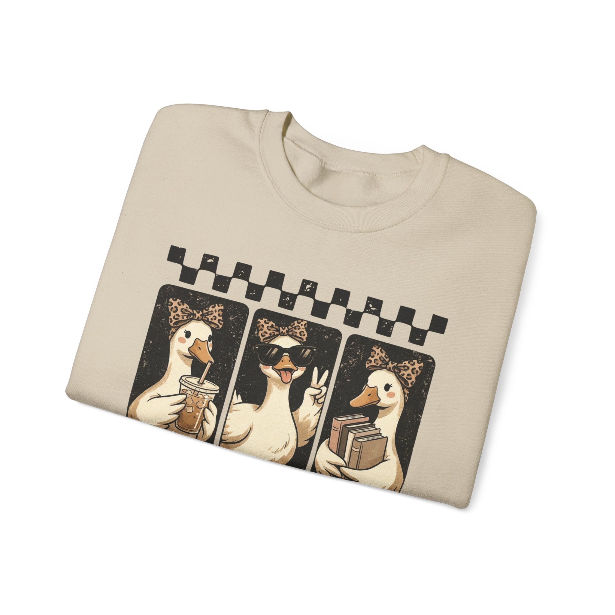 Duck Trio Crewneck Sweatshirt — Vintage Checkered Retro Goose Illustration