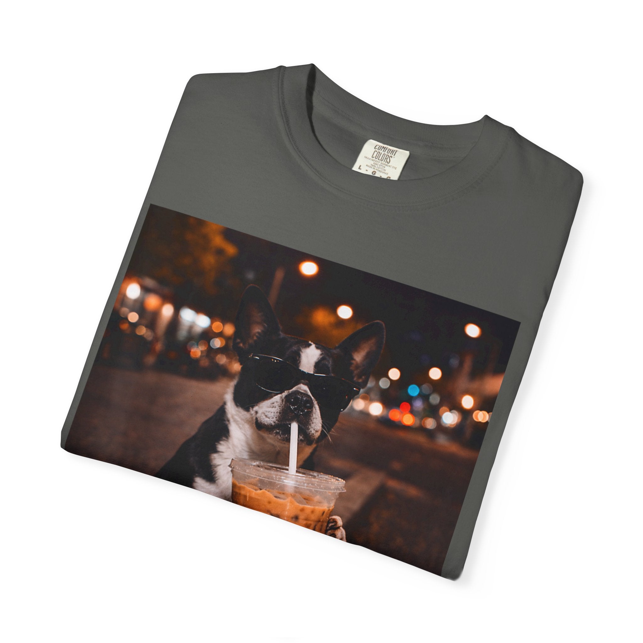 Boston Terrier Sipping Iced Coffee T-Shirt — Cute Dog Photo Tee