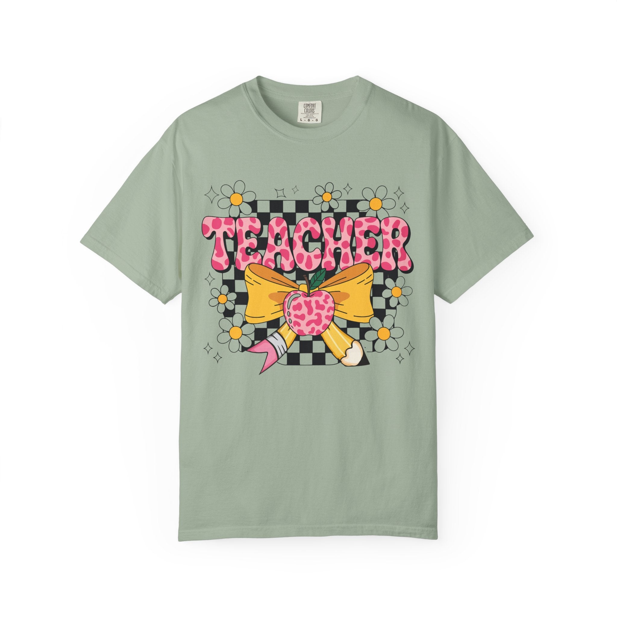 Teacher Floral Bow T‑Shirt — Cute Checkerboard & Heart Design for Educators