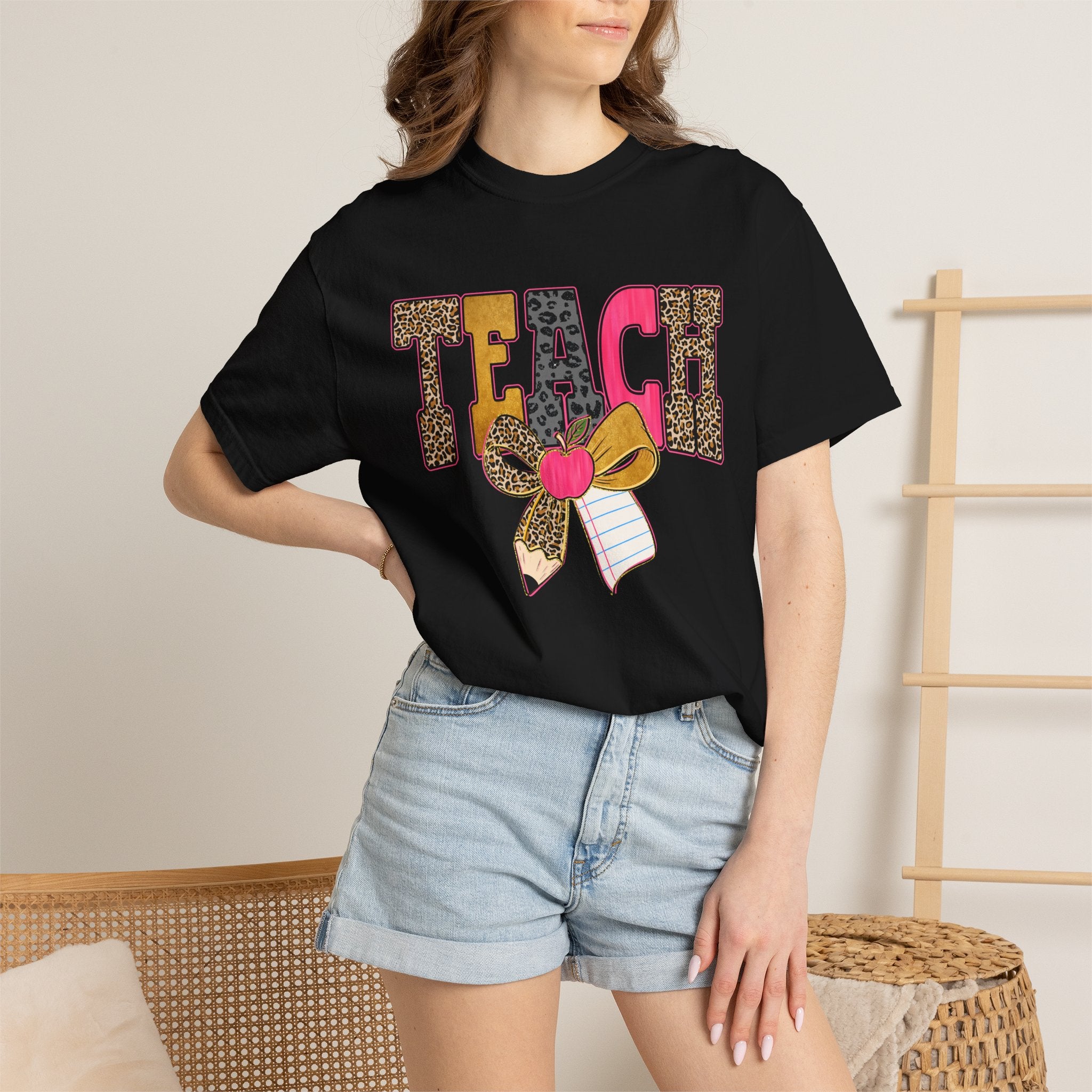 Teacher Graphic Tee — 'TEACH' Leopard Print Pencil Bow Design
