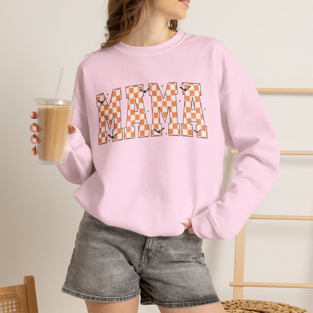 Mama Checkerboard Halloween Sweatshirt – Retro Orange Plaid Mama Pullover