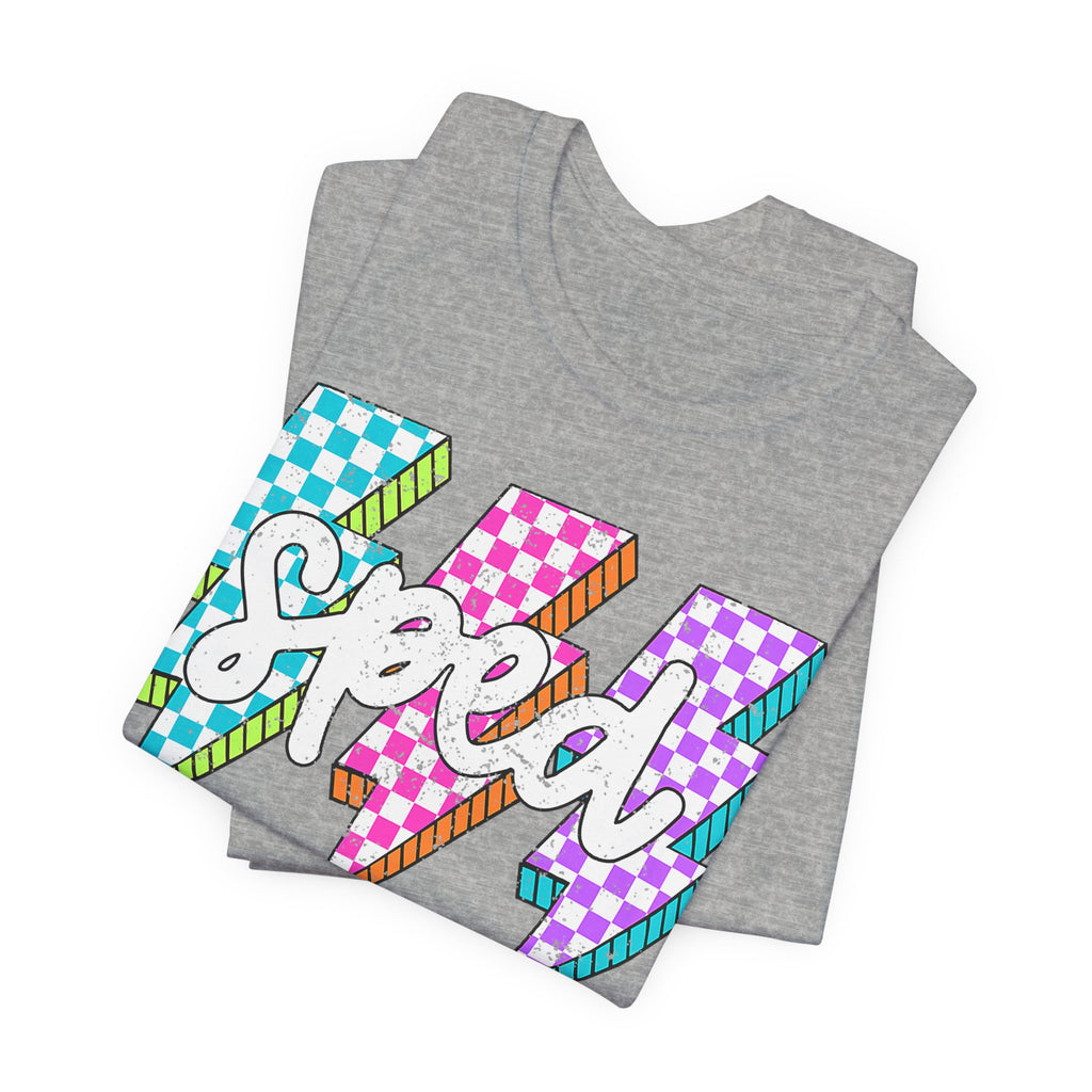 Speed Lightning Tee — Retro Checkerboard Bolt Graphic T-Shirt