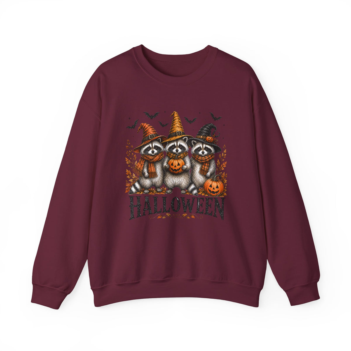 Halloween Raccoon Crewneck Sweatshirt — Cute Witch Hats & Pumpkin Design